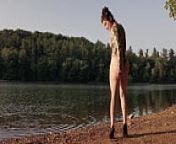 Thong bodysuit at the lake from thick woman walking outdoor