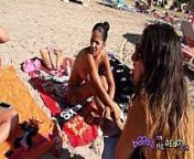 Topless Interview with three sexy Spanish Dancers big fake tits from beach topless big boobs