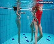 Three hot horny girls swim together from family nudist sport