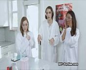 Three girlfriends sharing cock in lab coat from lab video