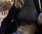 Sexy wife wearing sheer top in a bar and flashing nipples and tits on the street in public from suckng nipples and lickng pu